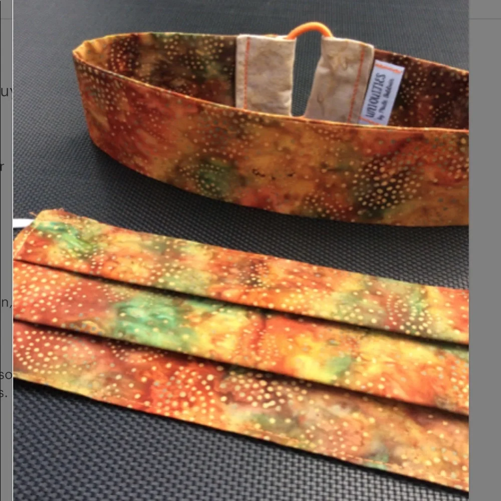 Handmade set bundle: batik burnt orange fabric face mask & matching headband